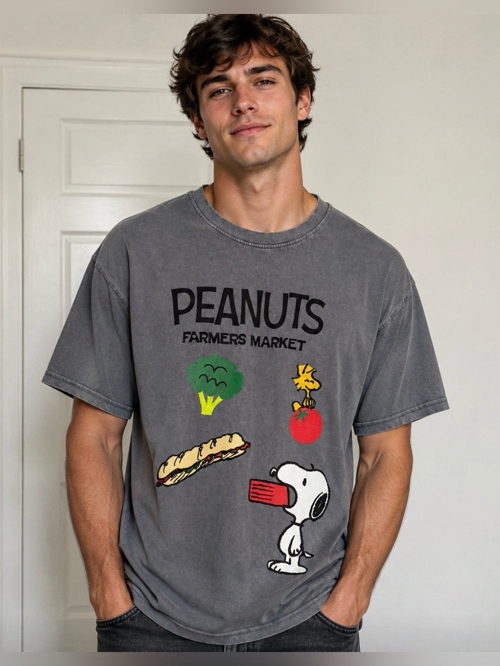 Peanuts Gray Graphic Tee with Snoopy, Woodstock & Produce